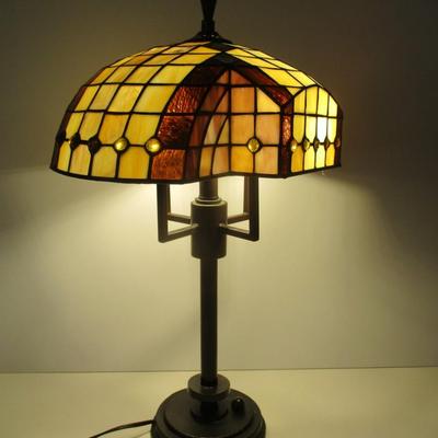 Unusual Shaped Tiffany Style Stained Glass Table Lamp