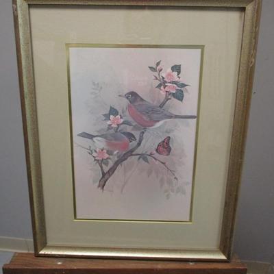 Vintage F. Massa Artwork Print Birds Perched On Tree Approx 15" x 19 1/2"