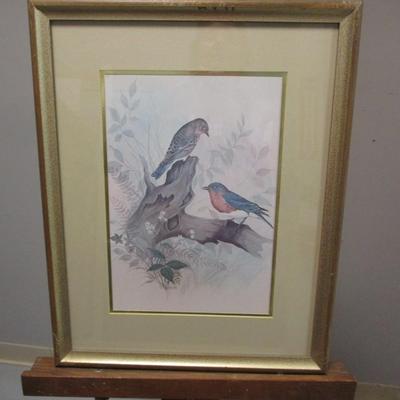 Vintage F. Massa Artwork Print Birds Perched On Tree Approx 15" x 19 1/2"