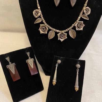 Silver Earrings & Rose Adorned Necklaces (K-SS)