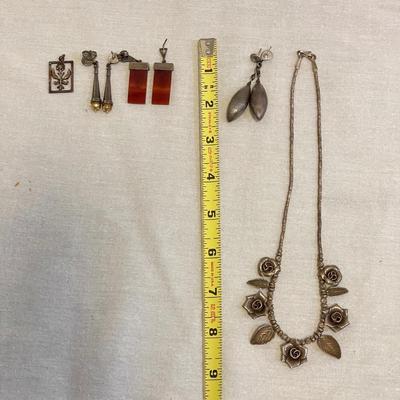 Silver Earrings & Rose Adorned Necklaces (K-SS)