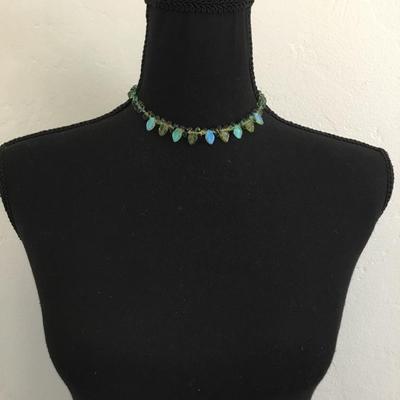 Donnabeth Mitchell 925 Art glass choker bead and leaf necklace