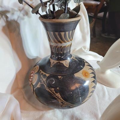 2 egrets and a hand painted vase