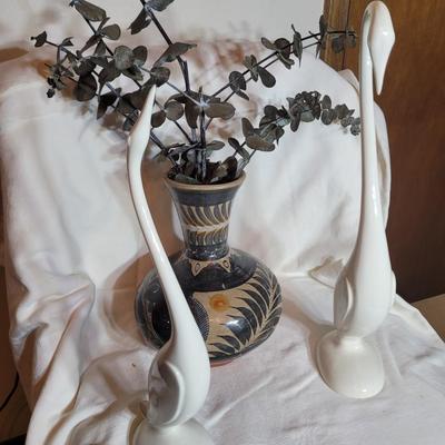 2 egrets and a hand painted vase
