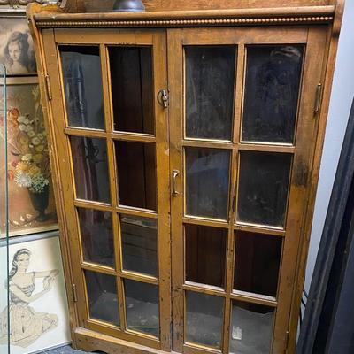 vintage bookcase with glass doors, beaded wood