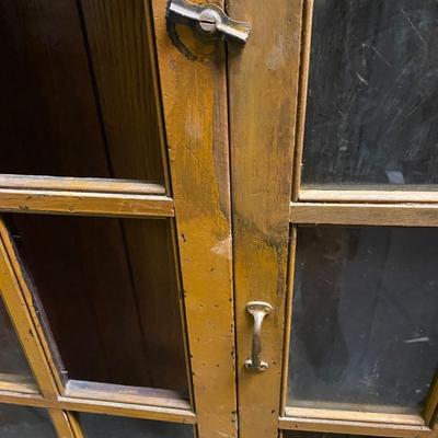 vintage bookcase with glass doors, beaded wood