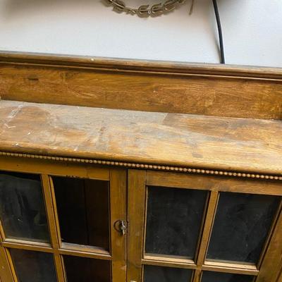 vintage bookcase with glass doors, beaded wood