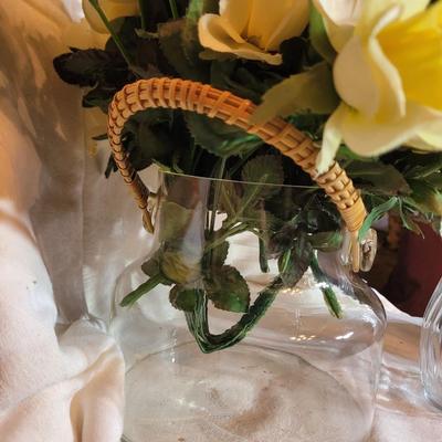 Glass basket and vase and loveland pottery factory vase