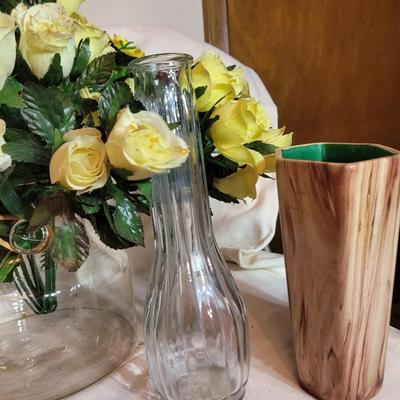 Glass basket and vase and loveland pottery factory vase