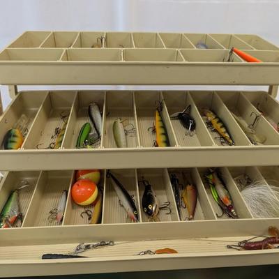 Fishing Tackle Box With Supplies & Vintage Lures Mepps Rapala Rebel Zebco Reel Heddon