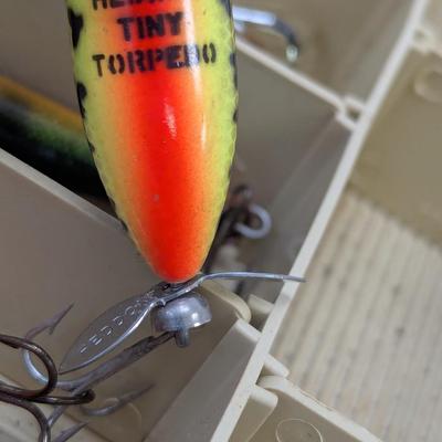 Fishing Tackle Box With Supplies & Vintage Lures Mepps Rapala Rebel Zebco Reel Heddon