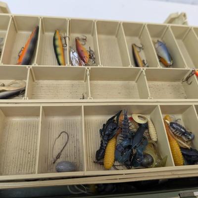 Fishing Tackle Box With Supplies & Vintage Lures Mepps Rapala Rebel Zebco Reel Heddon