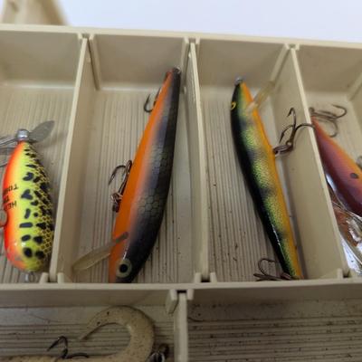 Fishing Tackle Box With Supplies & Vintage Lures Mepps Rapala Rebel Zebco Reel Heddon
