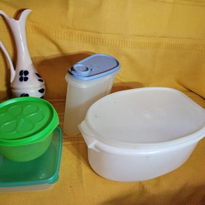 Ceramic vase and vintage tupperware
