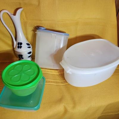 Ceramic vase and vintage tupperware