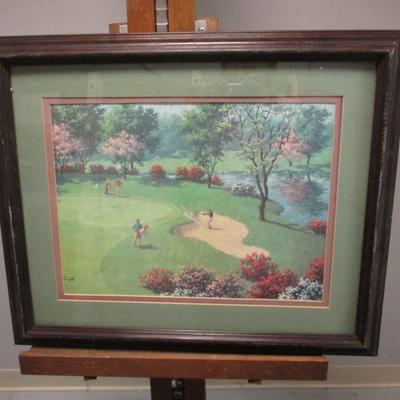 Framed Print Golf Player Out Of Sand Trap Signed Art Sarnoff Approx 22 1/4" x 18 1/4"