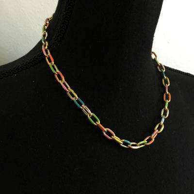 Rainbow enamel necklace, gold tone