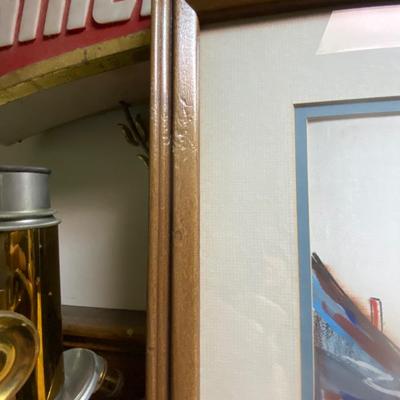 Framed painted dock side scene on fabric