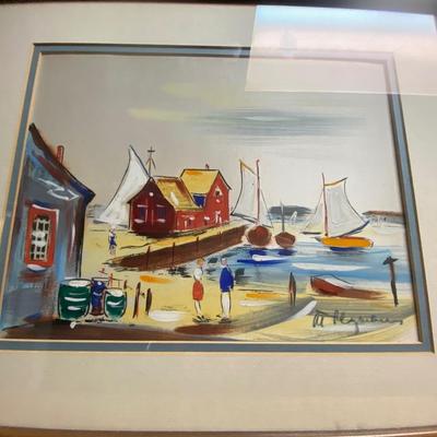 Framed painted dock side scene on fabric