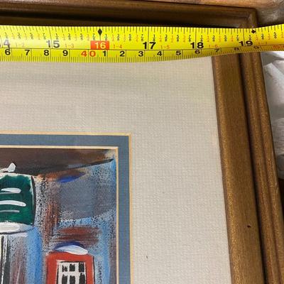 Framed painted dock side scene on fabric