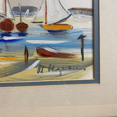 Framed painted dock side scene on fabric