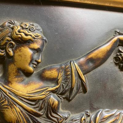 VINTAGE Woman with CHERUB Bas Relief METAL with Frame