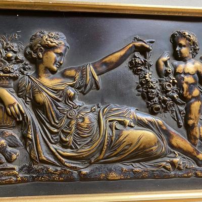 VINTAGE Woman with CHERUB Bas Relief METAL with Frame