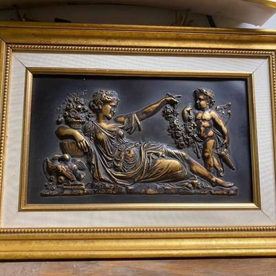 VINTAGE Woman with CHERUB Bas Relief METAL with Frame