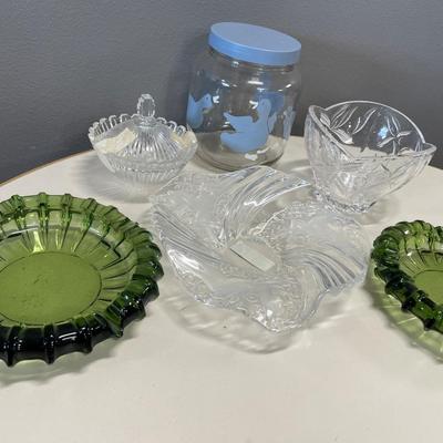 2 green ashtrays, Mikasa and other glass