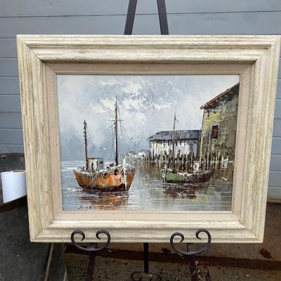 W.JONES HARBOR SCENE Ship Boat OIL ON CANVAS PAINTING ORIGINAL