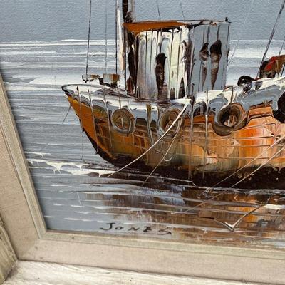 W.JONES HARBOR SCENE Ship Boat OIL ON CANVAS PAINTING ORIGINAL