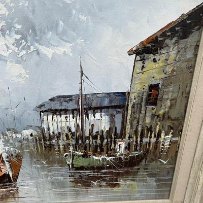 W.JONES HARBOR SCENE Ship Boat OIL ON CANVAS PAINTING ORIGINAL