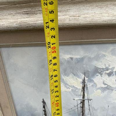 W.JONES HARBOR SCENE Ship Boat OIL ON CANVAS PAINTING ORIGINAL