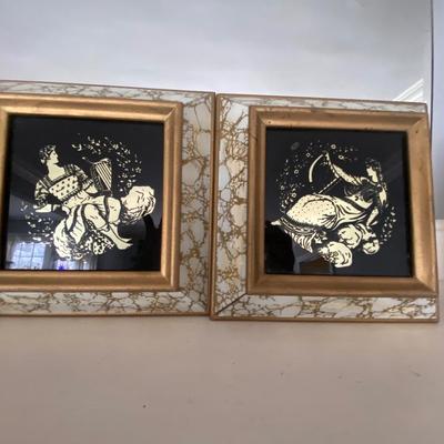 VTG Mid-Century Gilded Gold Marbled Mirror Black Wall MCM