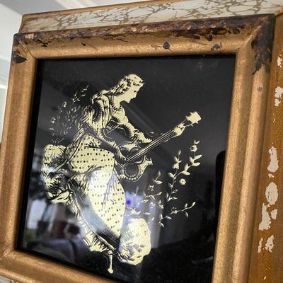 VTG Mid-Century Gilded Gold Marbled Mirror Black Wall MCM