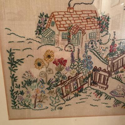VIntage needlepoint house and garden scene