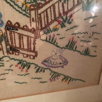VIntage needlepoint house and garden scene