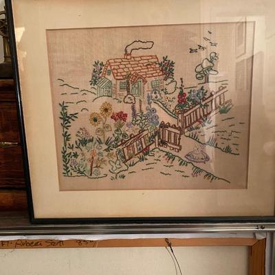 VIntage needlepoint house and garden scene