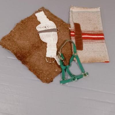 NYLON HORSE HALTER, WOOL SADDLE PAD, SADDLE BLANKET AND CINCH
