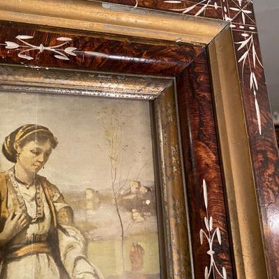 Vintage Inlay wood frame with Corot Print, very ornate