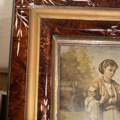 Vintage Inlay wood frame with Corot Print, very ornate