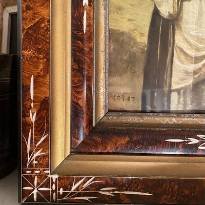 Vintage Inlay wood frame with Corot Print, very ornate