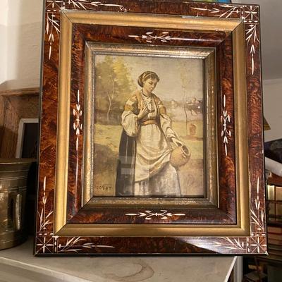 Vintage Inlay wood frame with Corot Print, very ornate