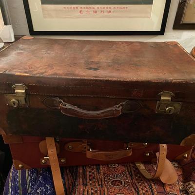 antique large heavy leather quality suitcase
