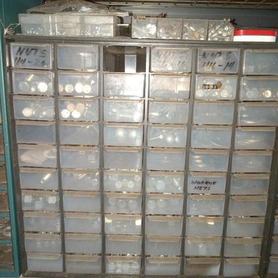 Bolt bins and bits on shelf