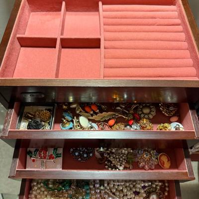 Wood Jewelry Chest w/ costume jewelry