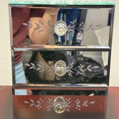 Etched Glass Mirrored Jewelry Box w/ Contents
