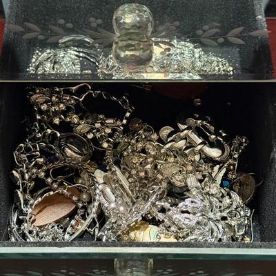 Etched Glass Mirrored Jewelry Box w/ Contents
