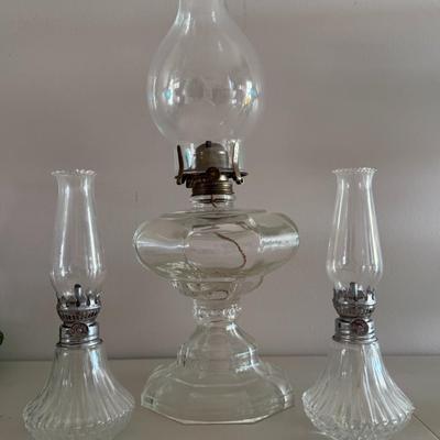 Antique Oil Lamps Lot (one large and a pair of small clear glass)