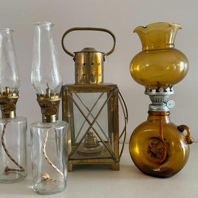 Antique Oil Lamps Lot (Amber glass, pair of clear glass, and metal lantern)